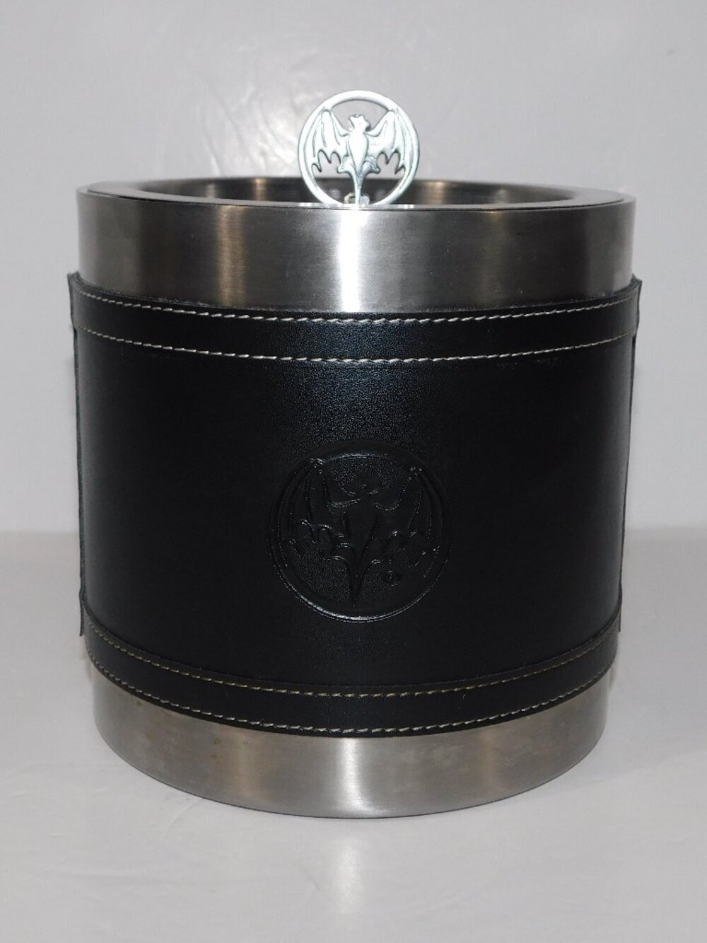 BACARDI RUM Ice Bucket Stainless Steal Lidded Bacardi Bat Faux Leather Bar